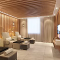 SPA Sauna Interior With Wooden Walls Ceiling Comfortable Loungers Soft Lighting Curtain And TV
