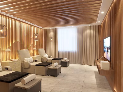 SPA Sauna Interior With Wooden Walls Ceiling Comfortable Loungers Soft Lighting Curtain And TV 3d model