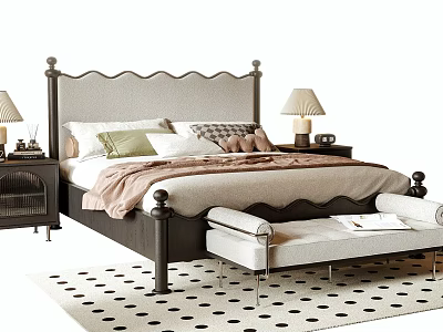 Comfortable Double Bed With Upholstered Headboard Foot Bench Nightstands Table Lamps And Black Dotted Rug 3d model