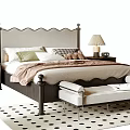 Comfortable Double Bed With Upholstered Headboard Foot Bench Nightstands Table Lamps And Black Dotted Rug