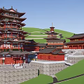 Traditional Ancient Chinese Architecture Complex With Multiple Pagoda Towers And Courtyards