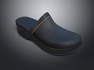 Black Slip On Clogs With Wooden Sole And Yellow Stitching Detail For Casual Wear 3d model