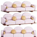 Light Pink Modern Sectional Sofa With Yellow Round Pillows And Wooden Base