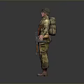 Military Soldier in Uniform with Rifle and Gear Standing Against Gray Background