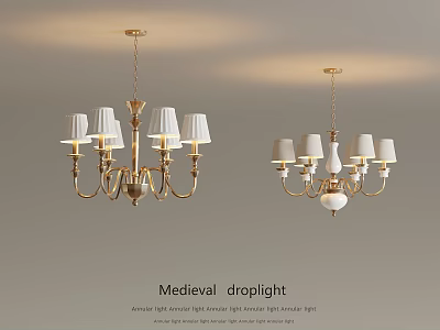 Medieval Droplight Design With Gold Metal Frame And White Lampshades 3d model
