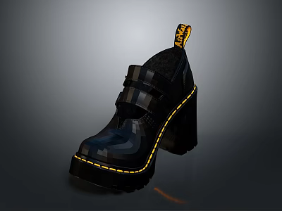 Stylish Black Platform Shoes With Yellow Stitching Chunky Heel And Buckle Design For Daily Use 3d model
