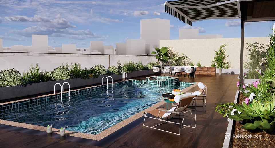 Modern Swimming Pool With Lounge Chairs Umbrella Plants And Wooden Deck 3d model 