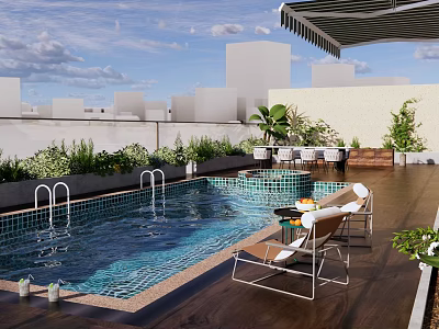 Modern Swimming Pool With Lounge Chairs Umbrella Plants And Wooden Deck 3d model