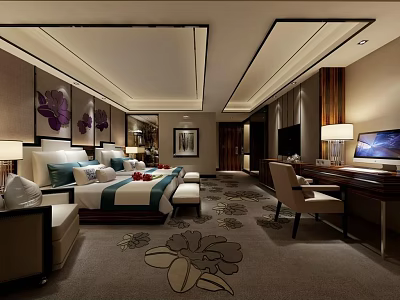 Elegant Hotel Room Interior With Comfortable Bed Decorative Paintings Cozy Sofa And Floral Carpet 3d model