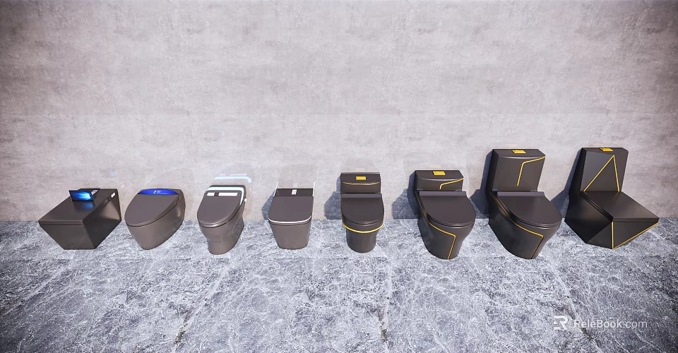 Modern Dark Colored Toilets With Various Designs Arranged In A Row 3d model 