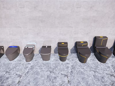 Modern Dark Colored Toilets With Various Designs Arranged In A Row 3d model