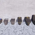 Modern Dark Colored Toilets With Various Designs Arranged In A Row
