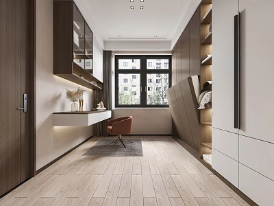 Modern Study Room Interior With Wooden Bookshelves Writing Desk Armchair And Large Window 3d model