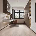 Modern Study Room Interior With Wooden Bookshelves Writing Desk Armchair And Large Window