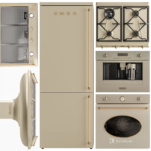 Elegant Modern Kitchen Appliances Including Beige Refrigerator Oven Stove And Gold Accents 3d model 