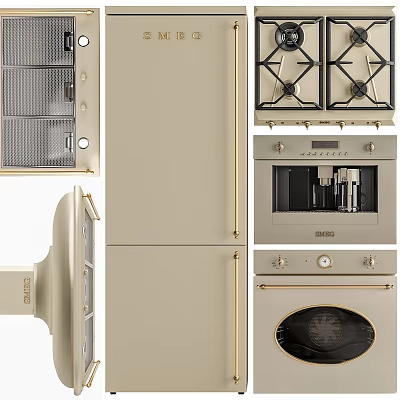 Elegant Modern Kitchen Appliances Including Beige Refrigerator Oven Stove And Gold Accents 3d model