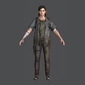 A woman standing in worn rugged survival clothing with arm wrap tactical pants and boots
