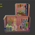 Cartoon Scene 3D Room Model With Two Floors Pink Walls Sofa Table Kitchen Bathroom Items