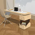 Modern Minimalist Desk With Wooden Top Desk Lamp Laptop White Chair And Drawer Cabinet