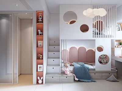 Kids Room Interior With Pink Headboard Staircase Drawers Circular Mirrors Cloud Pendant Lights Toy Storage 3d model