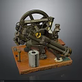 Modern Display Of Vintage Surveying Instrument With Metal Gears And Wooden Base