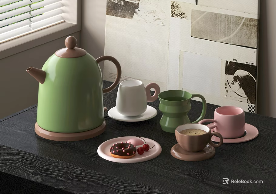 Colorful Cups And Teapot With Coffee Donut Cherry Plate On Dark Table Background Wall 3d model 