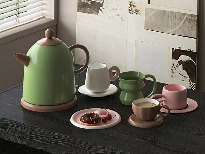 Colorful Cups And Teapot With Coffee Donut Cherry Plate On Dark Table Background Wall 3d model