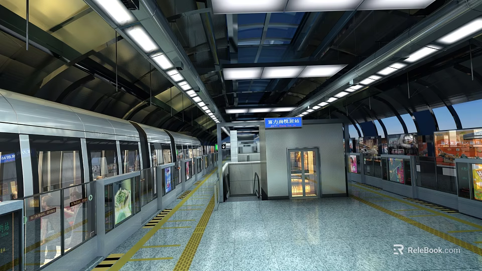 Modern Subway Station Platform With Train Yellow Safety Lines Overhead Lights Elevator And Platform Sign 3d model 