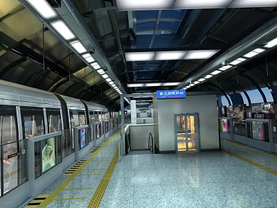 Modern Subway Station Platform With Train Yellow Safety Lines Overhead Lights Elevator And Platform Sign 3d model