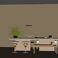 Poliform Modern Rectangular Wooden Coffee Table With Bench Stools And Green Plant On Top 3d model