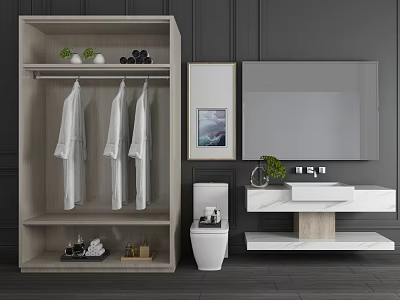 Modern Bathroom Vanity with Mirror Green Plant and Storage Cabinet in Contemporary Toilet Space 3d model
