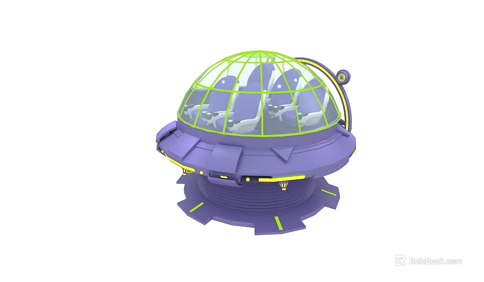 Purple Spherical Transparent Dome Pod With Green Frame And Seats 3d model 