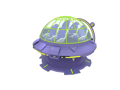 Purple Spherical Transparent Dome Pod With Green Frame And Seats 3d model