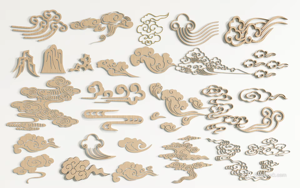 Carved Window Wooden Decorative Patterns With Cloud Wave And Mountain Designs 3d model