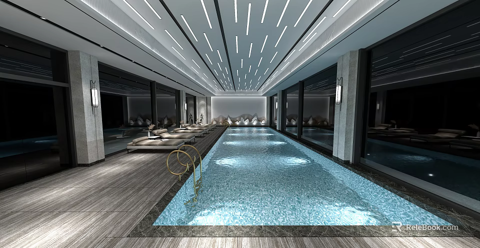 Modern Elevator Hallway With Linear Ceiling Lights Wooden Flooring And Large Windows Design 3d model 