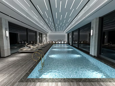 Modern Elevator Hallway With Linear Ceiling Lights Wooden Flooring And Large Windows Design 3d model