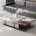 Elegant Modern Coffee Table With Marble Top Golden Bowl Vase Tray And Black Leather Sofa