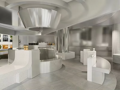 Modern Bubble Tea Shop Interior Design With Open Counter White Silver Decor And Seating Area 3d model