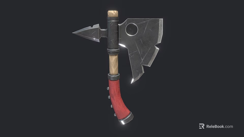 Handheld Axe Weapon with Sharp Metal Head Wooden Handle and Red Grip 3d model 