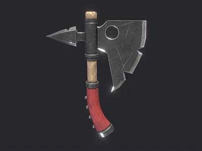 Handheld Axe Weapon with Sharp Metal Head Wooden Handle and Red Grip 3d model