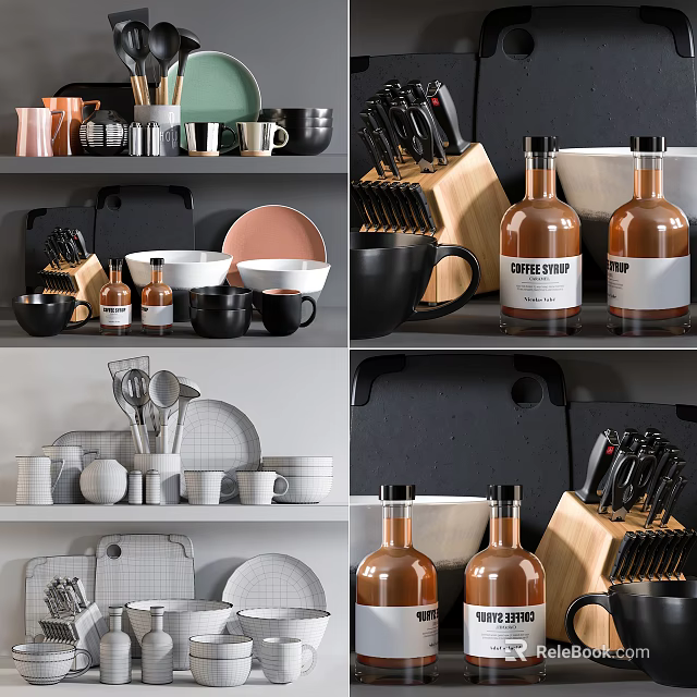 Assorted Kitchenware Display Featuring Mugs Plates Knives And Coffee Bottles On Shelves 3d model 