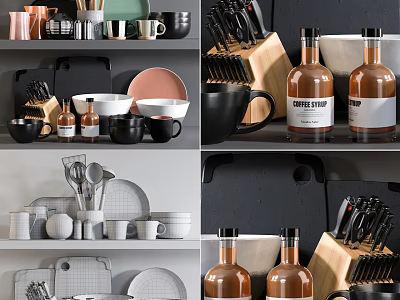 Assorted Kitchenware Display Featuring Mugs Plates Knives And Coffee Bottles On Shelves 3d model