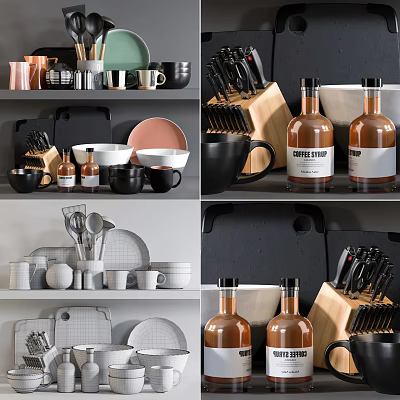 Assorted Kitchenware Display Featuring Mugs Plates Knives And Coffee Bottles On Shelves 3d model