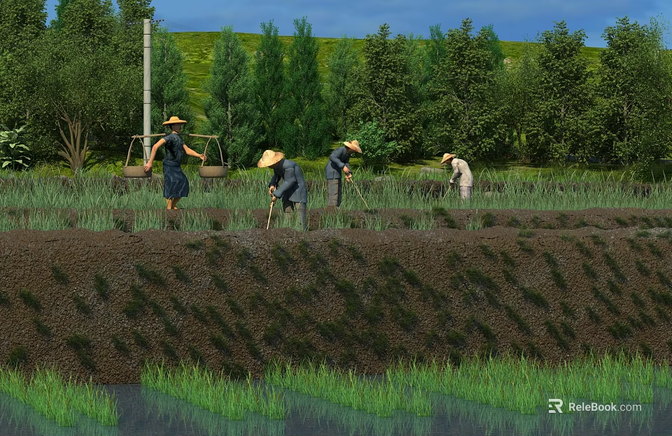 Vibrant Rural Landscape Featuring Farmers Cultivating Green Rice Fields and Tall Trees 3d model 