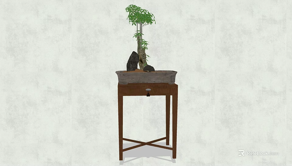 Bonsai Plant Featuring Small Tree and Decorative Stones in Rectangular Pot on Wooden Stand 3d model 