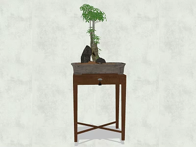 Bonsai Plant Featuring Small Tree and Decorative Stones in Rectangular Pot on Wooden Stand 3d model