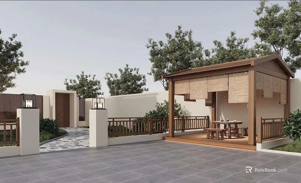 Traditional Garden Pavilion With Wooden Roof Shade Table Chairs And Stone Tile Floor 3d model 