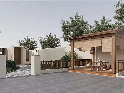 Traditional Garden Pavilion With Wooden Roof Shade Table Chairs And Stone Tile Floor 3d model