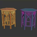 Modern Wooden Stools With Hexagonal Top And Crossed Lattice Design Legs In Orange And Blue