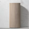 Cylindrical Wooden Washbasin Against Gray Wall With Black Metal Diamond Pattern Brackets And Round Mirrors
